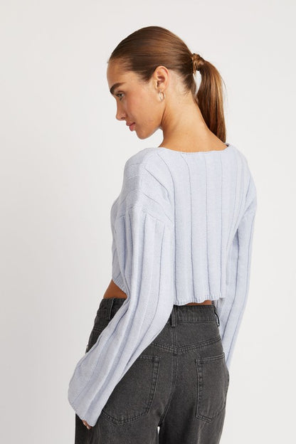 Wide Sleeve V Neck Rib Top