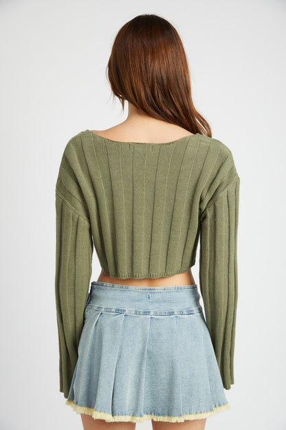 Wide Sleeve V Neck Rib Top