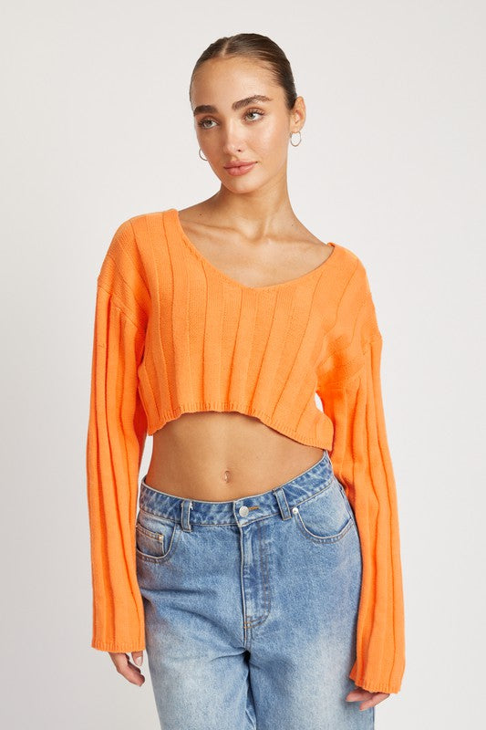 Wide Sleeve V Neck Rib Top