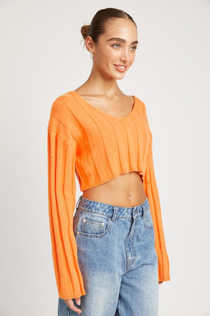 Wide Sleeve V Neck Rib Top