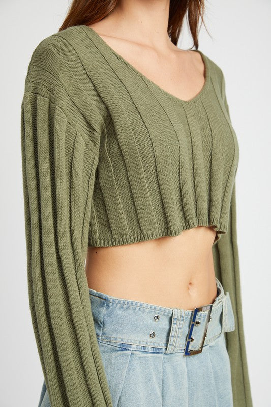 Wide Sleeve V Neck Rib Top