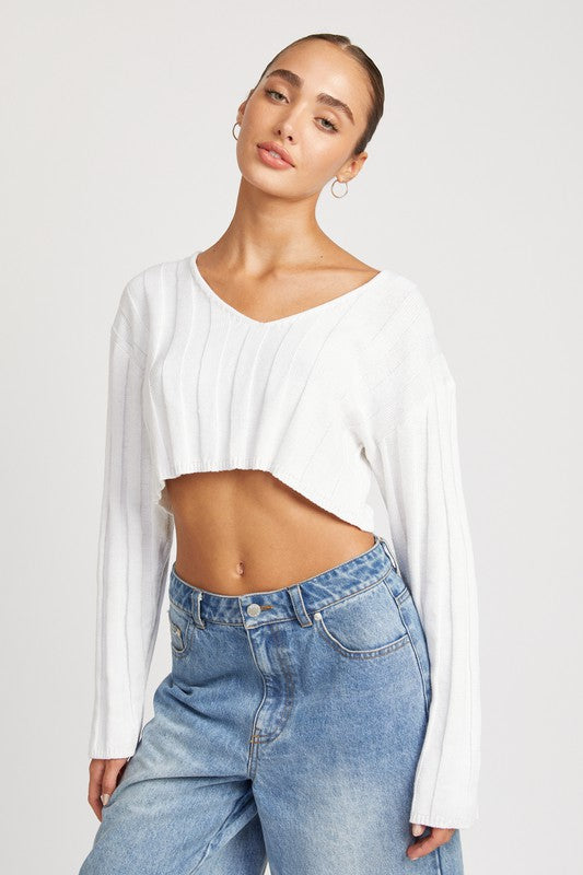 Wide Sleeve V Neck Rib Top