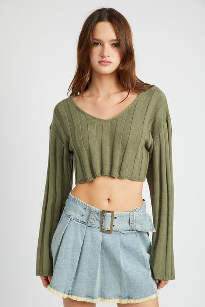 Wide Sleeve V Neck Rib Top