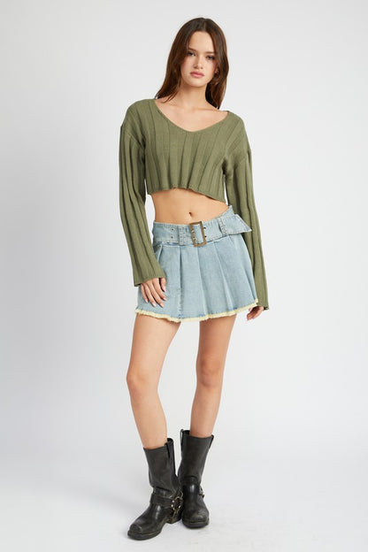 Wide Sleeve V Neck Rib Top