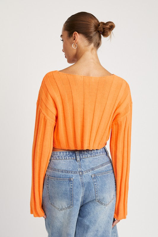 Wide Sleeve V Neck Rib Top