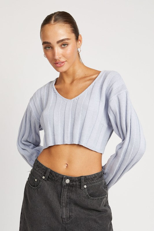 Wide Sleeve V Neck Rib Top