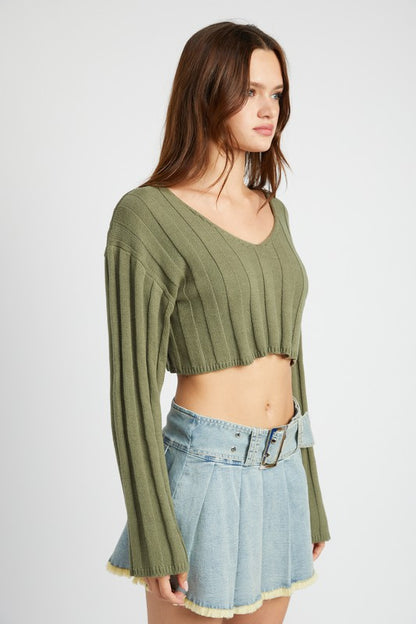 Wide Sleeve V Neck Rib Top