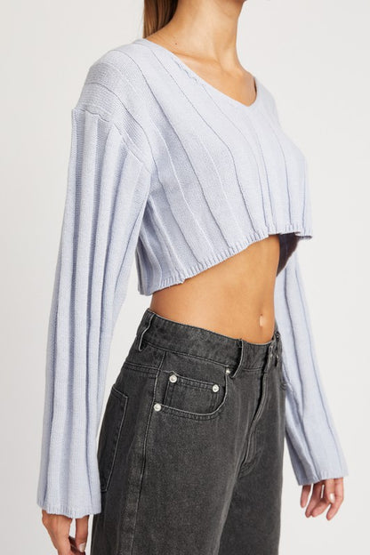 Wide Sleeve V Neck Rib Top