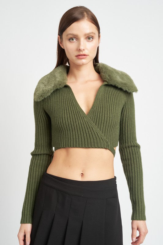 V-Neckar Fur Collar Cardigan