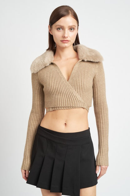 V-Neckar Fur Collar Cardigan