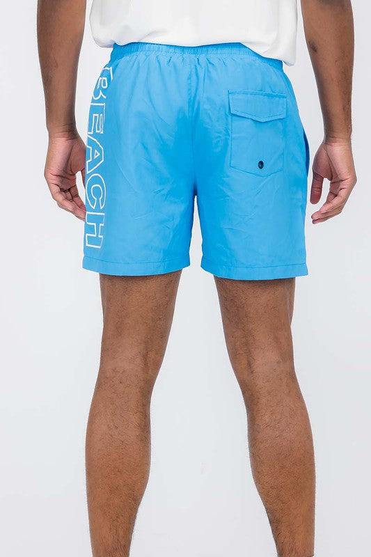 Solid Lined Beach Swim Text Men's Swim Shorts