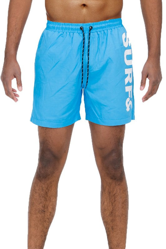 Solid Lined Beach Swim Text Men's Swim Shorts