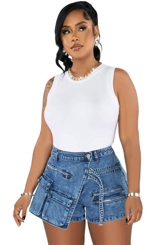 High Waist Cargo Denim Skort