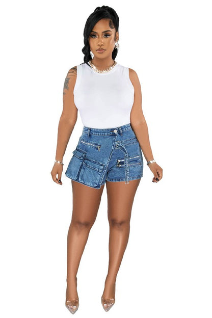 High Waist Cargo Denim Skort