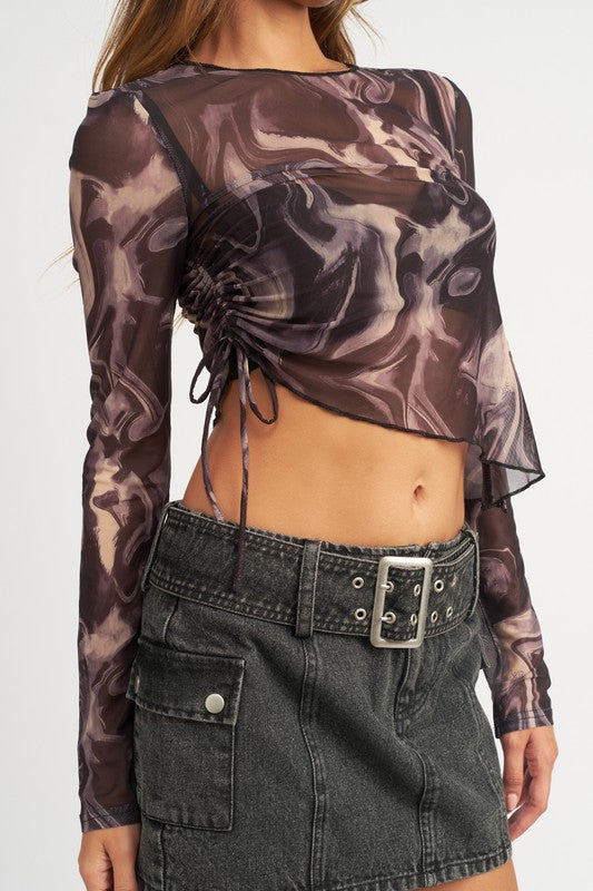 Asymmetrical Marble Print Mesh Top