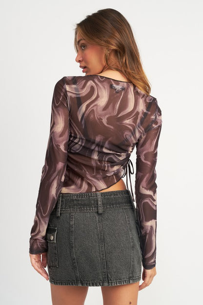 Asymmetrical Marble Print Mesh Top