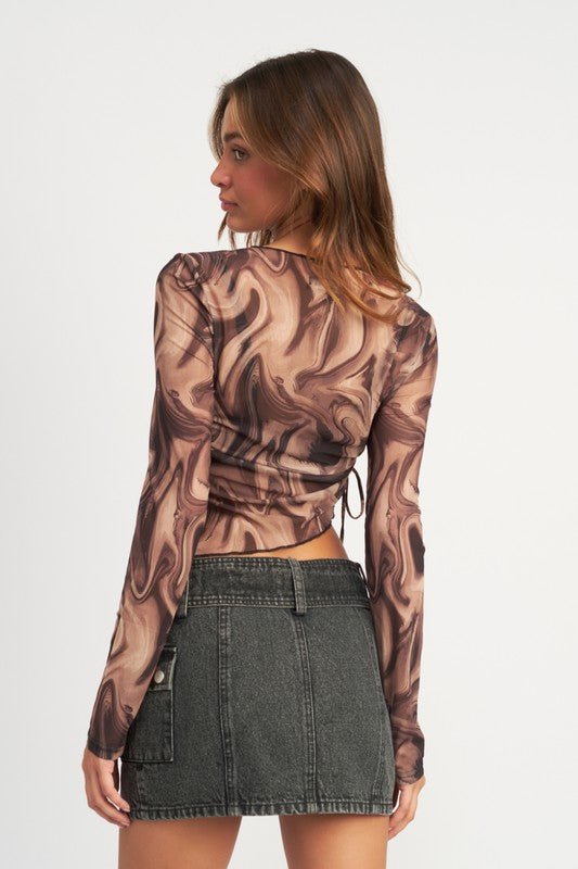 Asymmetrical Marble Print Mesh Top