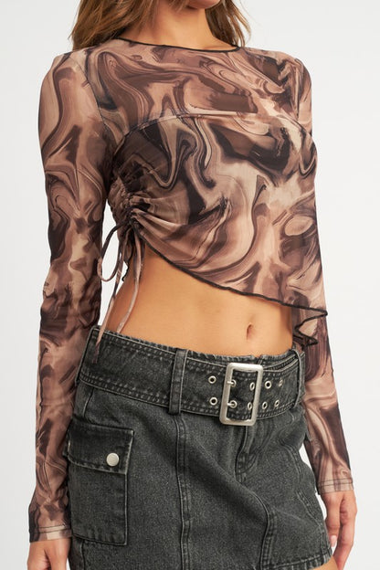 Asymmetrical Marble Print Mesh Top