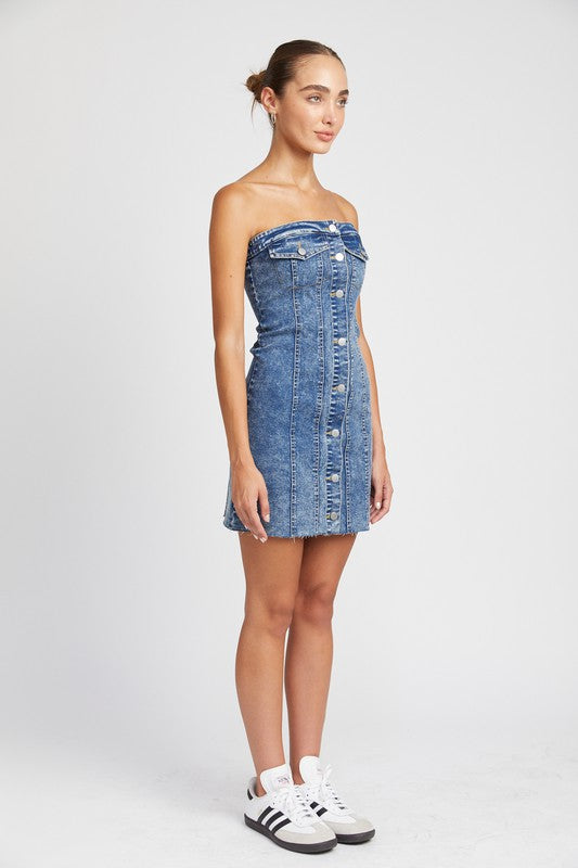 Button Down Tube Denim Dress