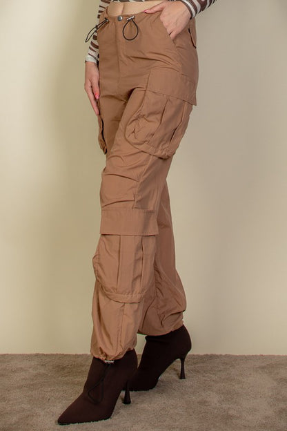 Flap Pockets Drawstring Ruched Parachute Pants