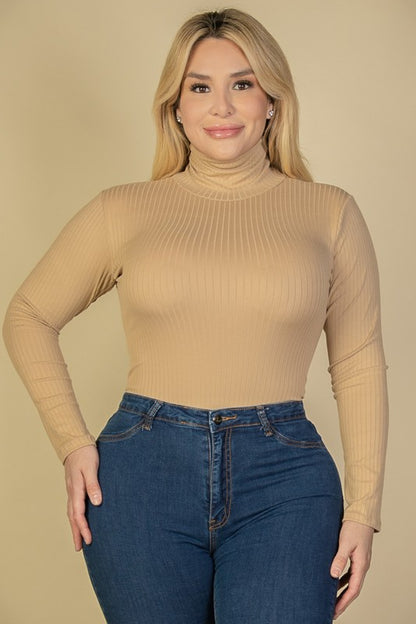 Plus Size Ribbed Turtle Neck Long Sleeve Bodysuit