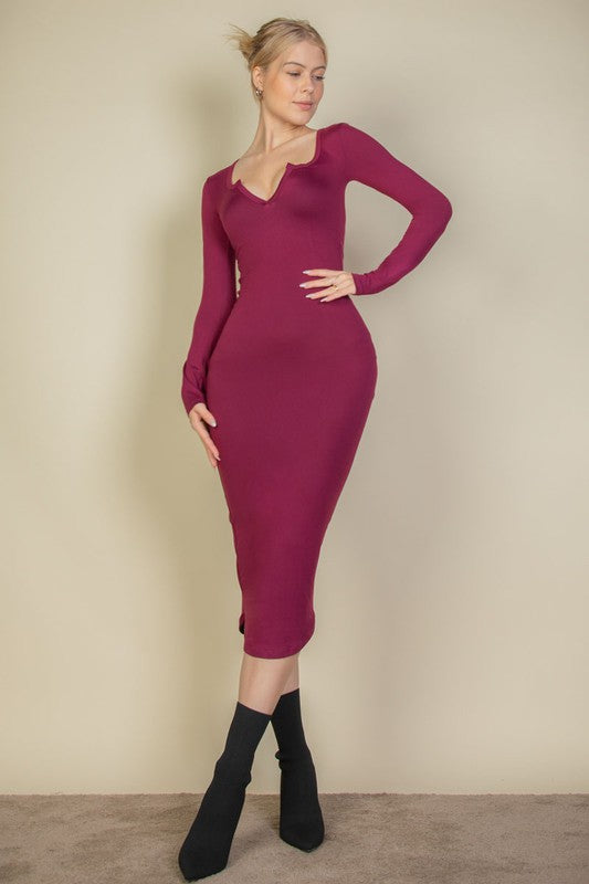 Split Neck Long Sleeve Midi Dress