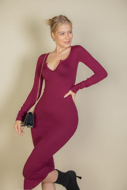 Split Neck Long Sleeve Midi Dress