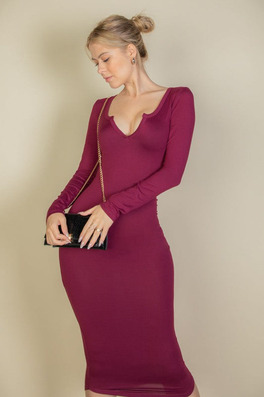 Split Neck Long Sleeve Midi Dress