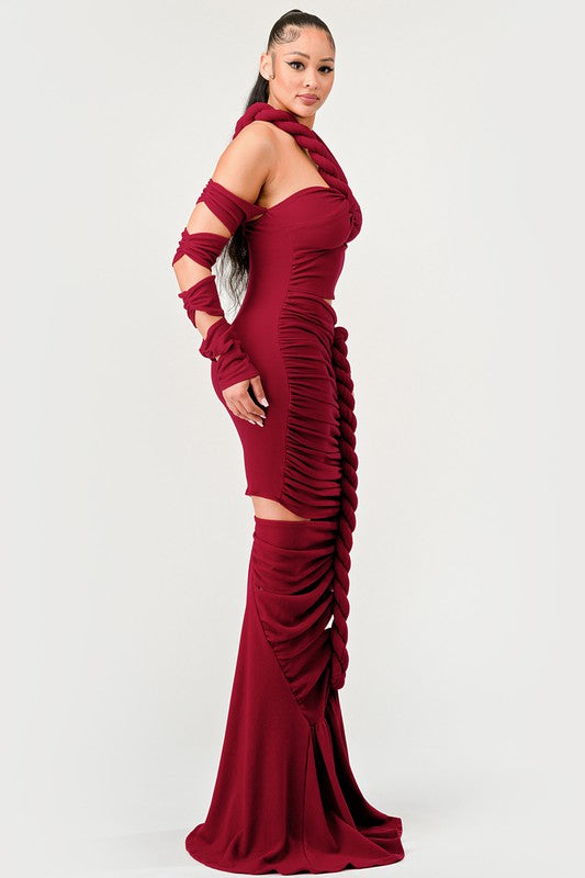 Long Sleeve Wrap Rope Maxi Dress