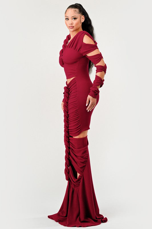 Long Sleeve Wrap Rope Maxi Dress