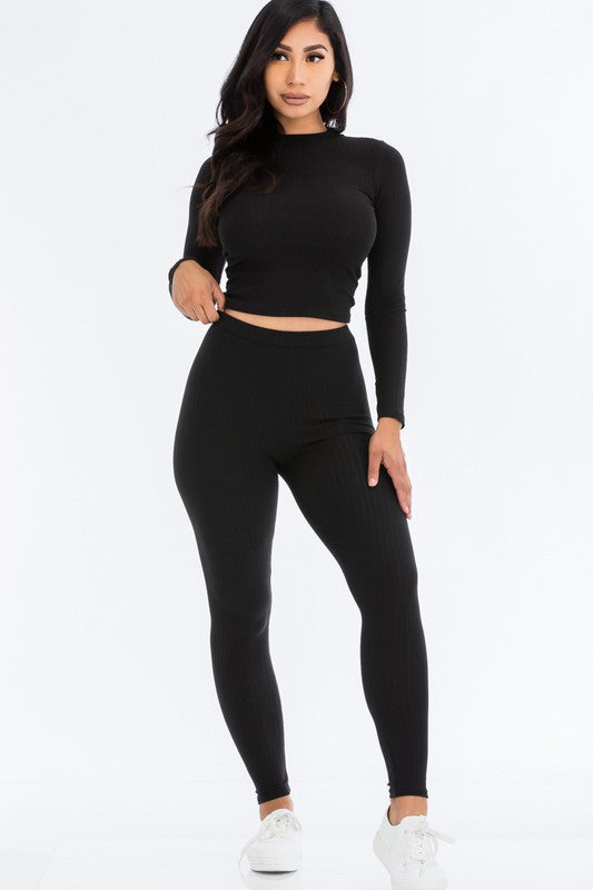 Ribbed Mock Neck Long Sleeve Top & Leggings Set