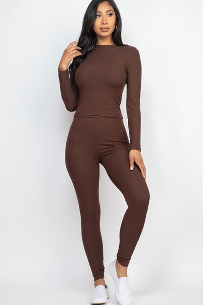 Ribbed Mock Neck Long Sleeve Top & Leggings Set