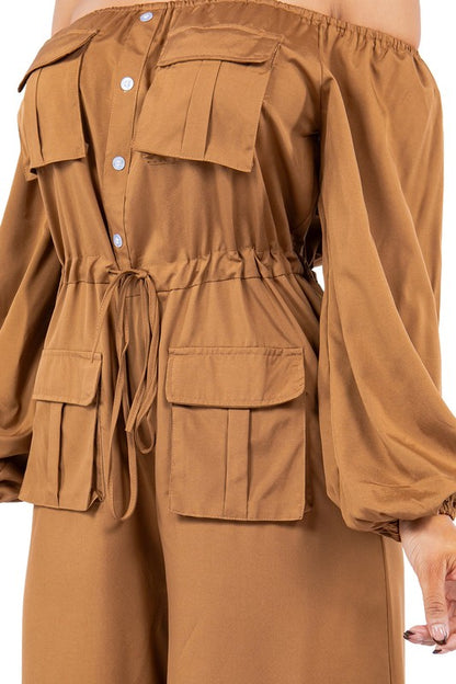 Off-Shoulder Cargo Style Jumpsuit