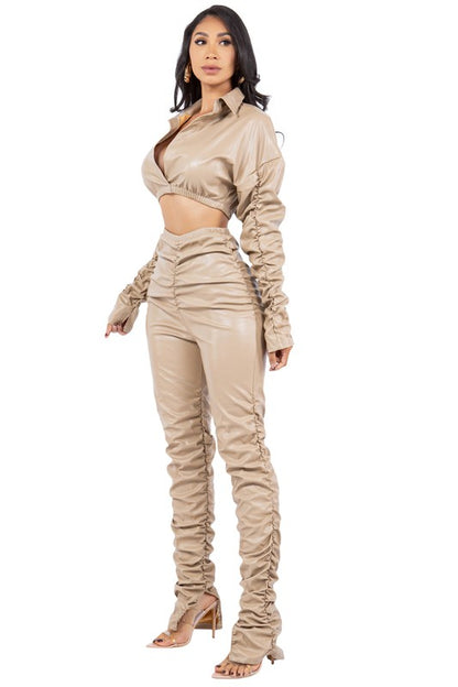 PU Leather Crop Top & Stacked Pant Set