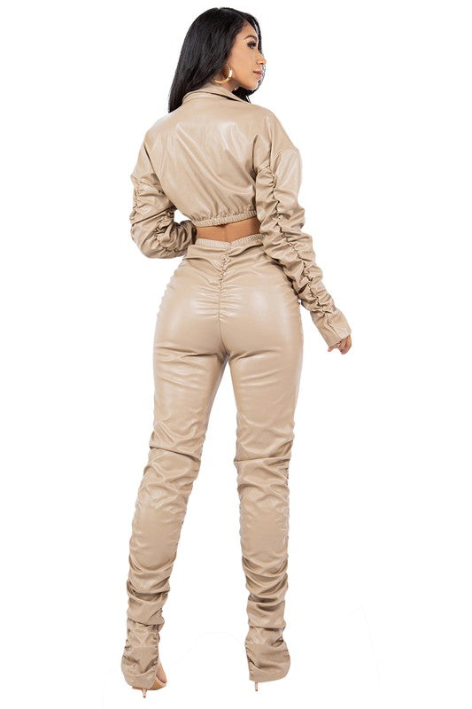 PU Leather Crop Top & Stacked Pant Set