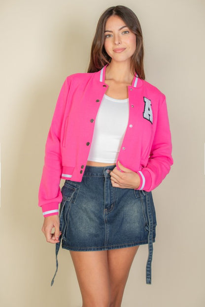 EZwear Letter Patched Crop Varsity Jacket