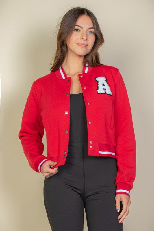 EZwear Letter Patched Crop Varsity Jacket