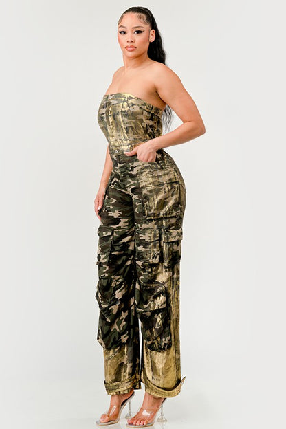 CAMO GOLD STRAPLESS CARGO JUMPSUIT