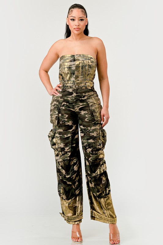 CAMO GOLD STRAPLESS CARGO JUMPSUIT