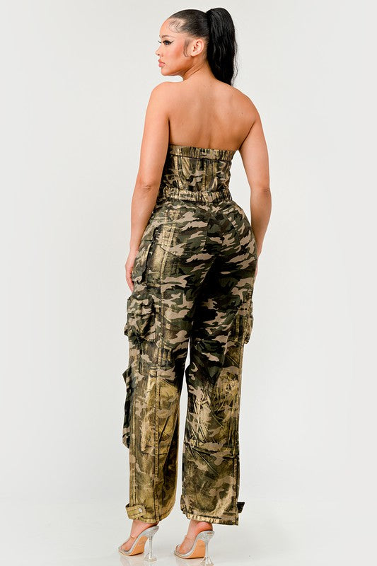 CAMO GOLD STRAPLESS CARGO JUMPSUIT