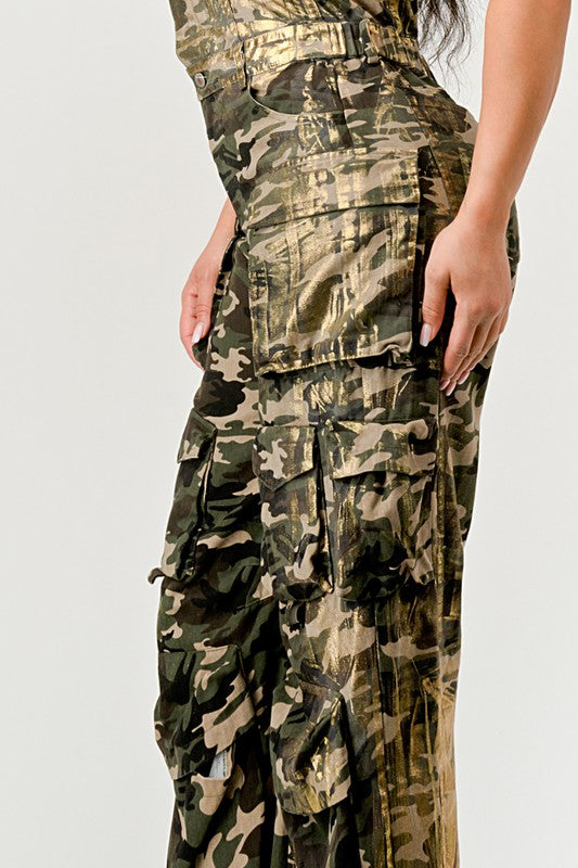 CAMO GOLD STRAPLESS CARGO JUMPSUIT