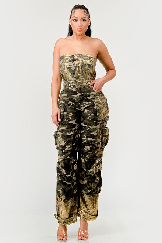 CAMO GOLD STRAPLESS CARGO JUMPSUIT