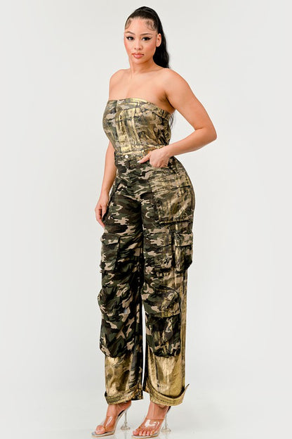 CAMO GOLD STRAPLESS CARGO JUMPSUIT