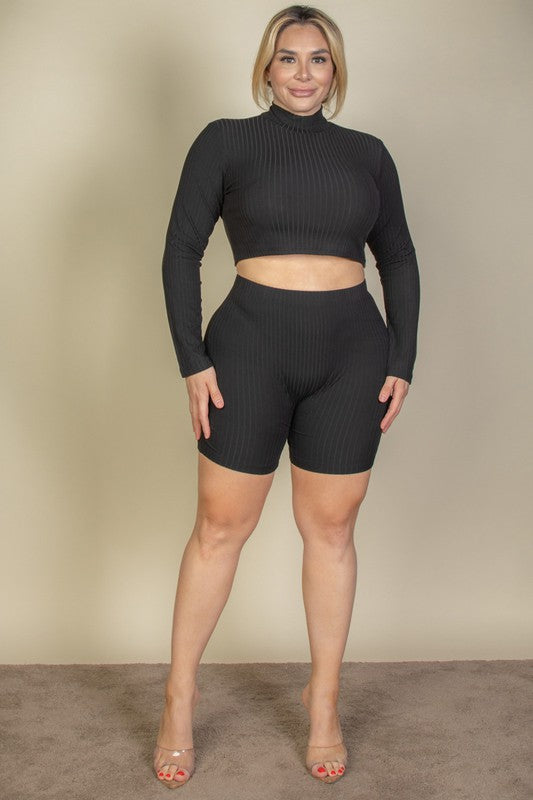 Plus+ Ribbed Mock Neck Crop Top & Shorts Set