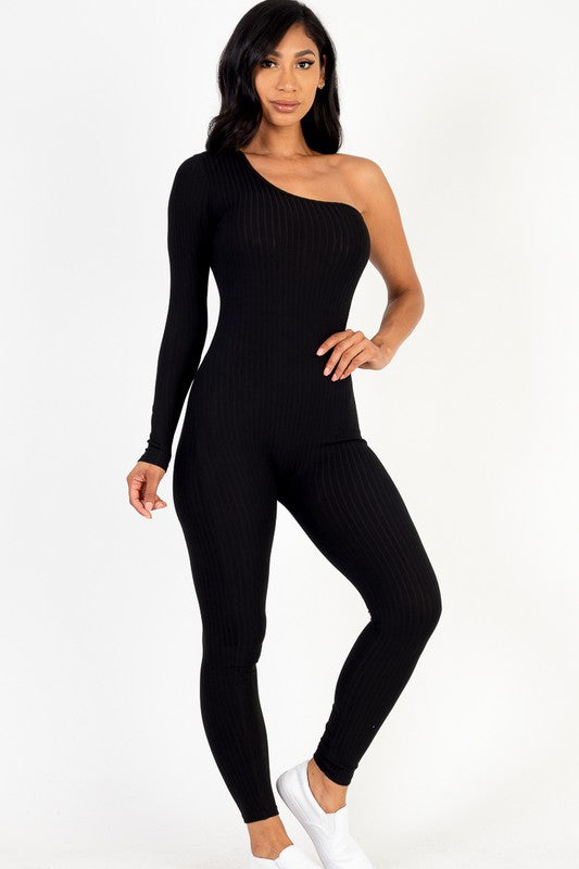 Ribbed Long Sleeve One Shoulder Jumpsuit