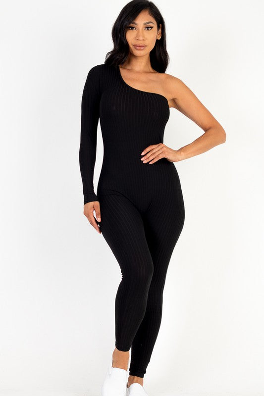 Ribbed Long Sleeve One Shoulder Jumpsuit