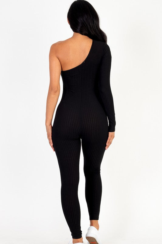 Ribbed Long Sleeve One Shoulder Jumpsuit