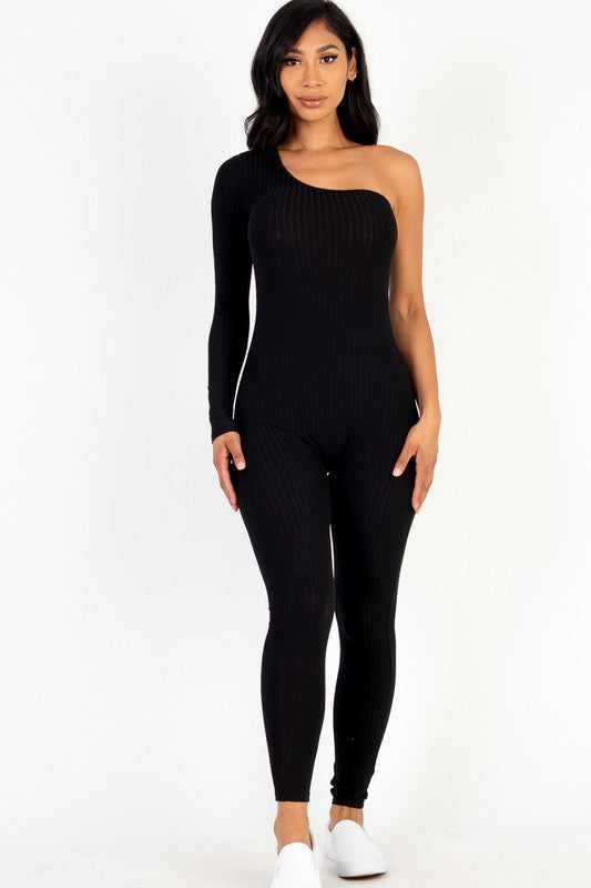 Ribbed Long Sleeve One Shoulder Jumpsuit