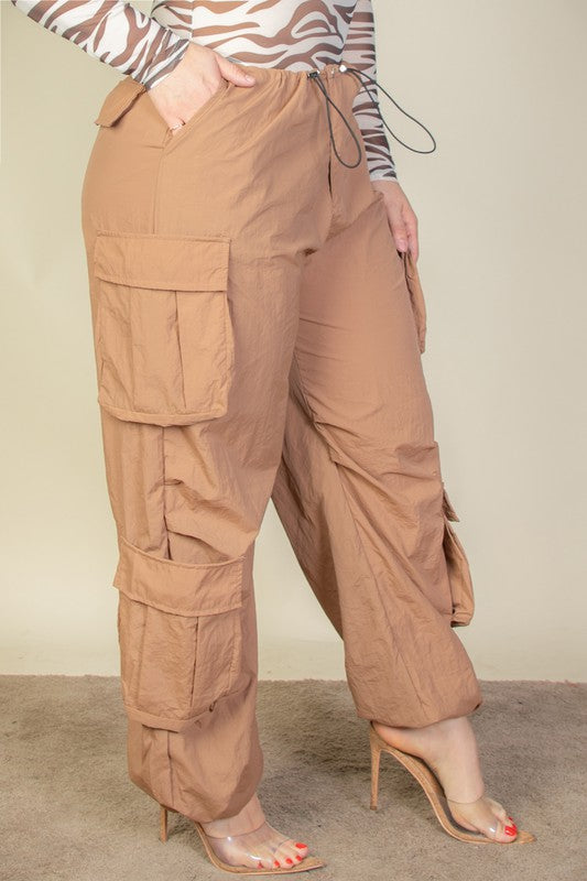 Plus Flap Pockets Drawstring Parachute Pants