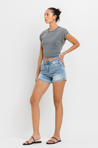 High Rise Cuffed Stretch Shorts